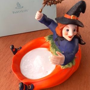 Ceramic Hand Painted Witch Pumpkin Halloween Candle Holder Party lite in Box
